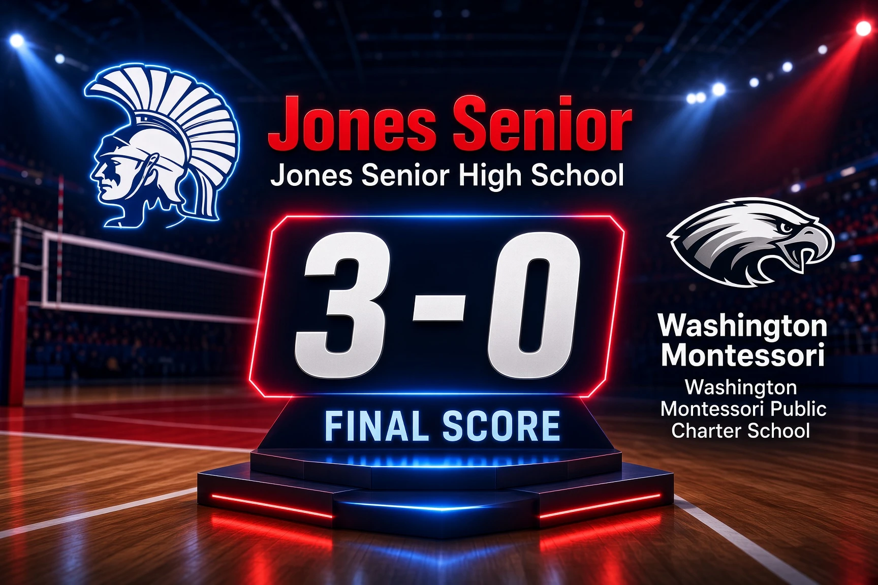 Jones Senior Volleyball Sweeps Washington Montessori for Third Win